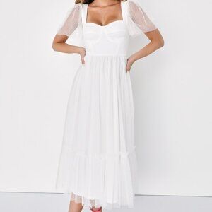 Lulus Dreamy Celebration White Tulle Bustier Swiss Dot Midi Dress - Size S